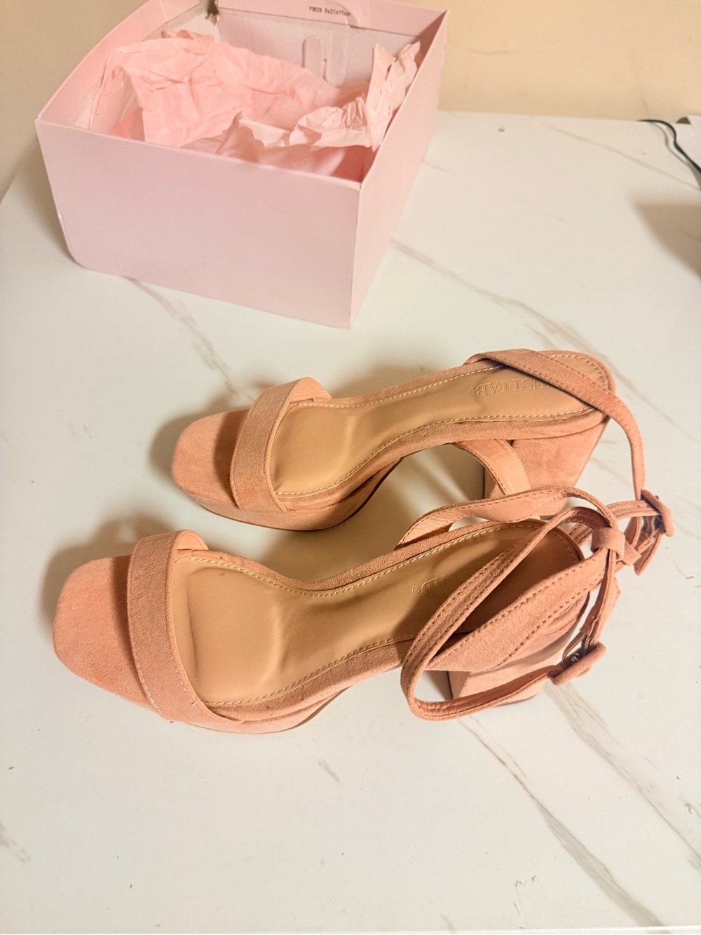 JustFab Peach Suede Ankle-Tie Block Heels